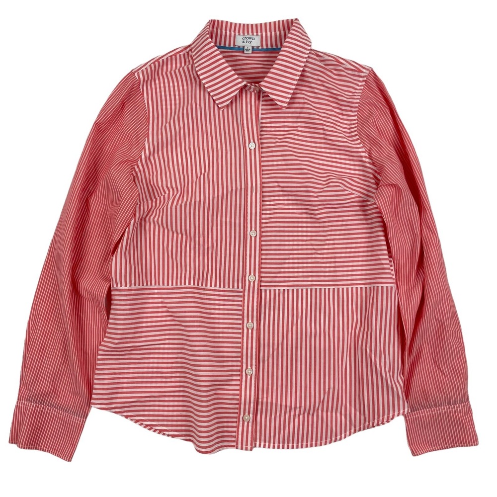 Crown & Ivy Coral White Striped L/S Button Up Top Shirt Blouse Sz S 100% Cotton